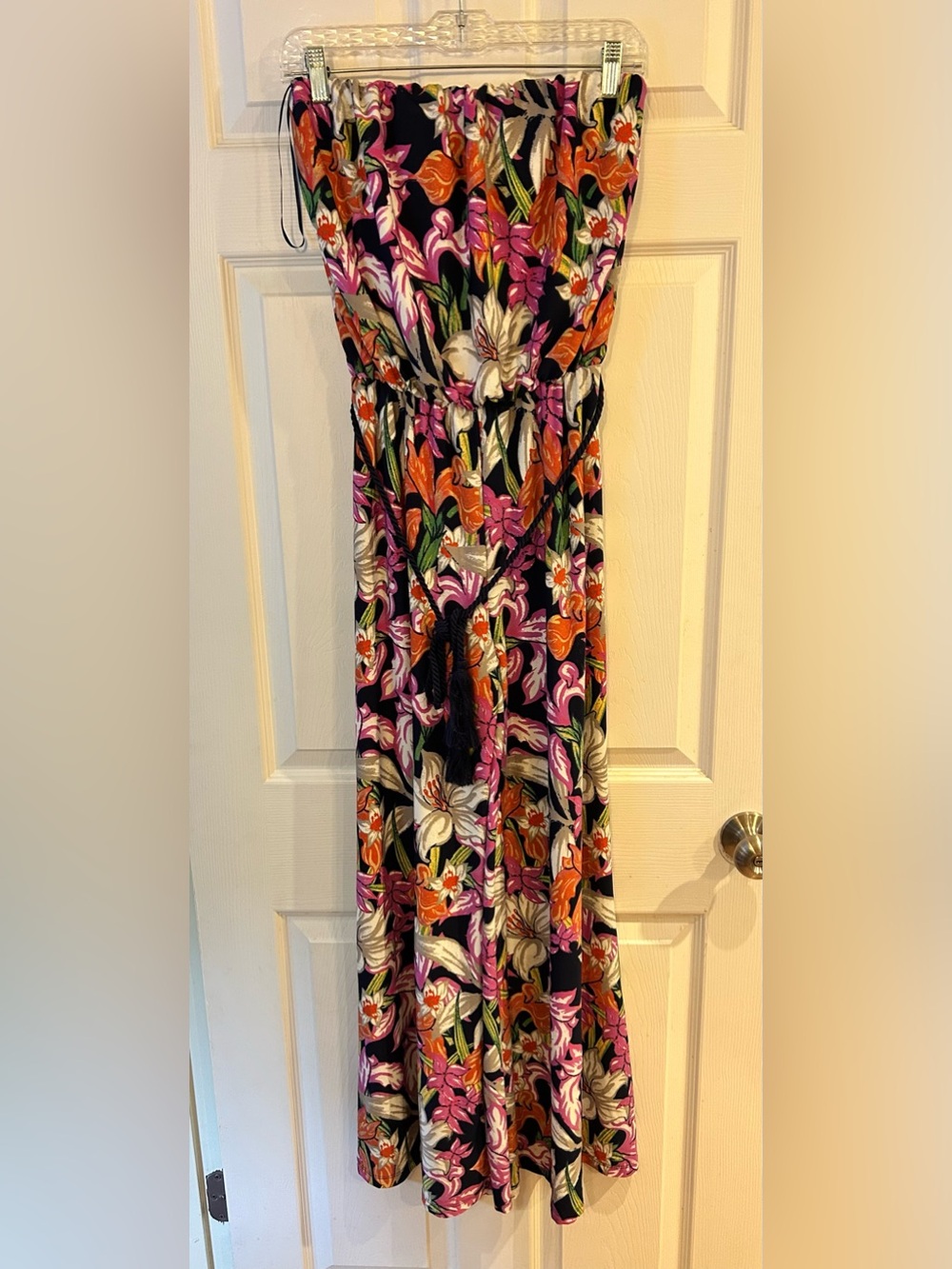 Floral Strapless Jumpsuit in Navy with Purple & Orange